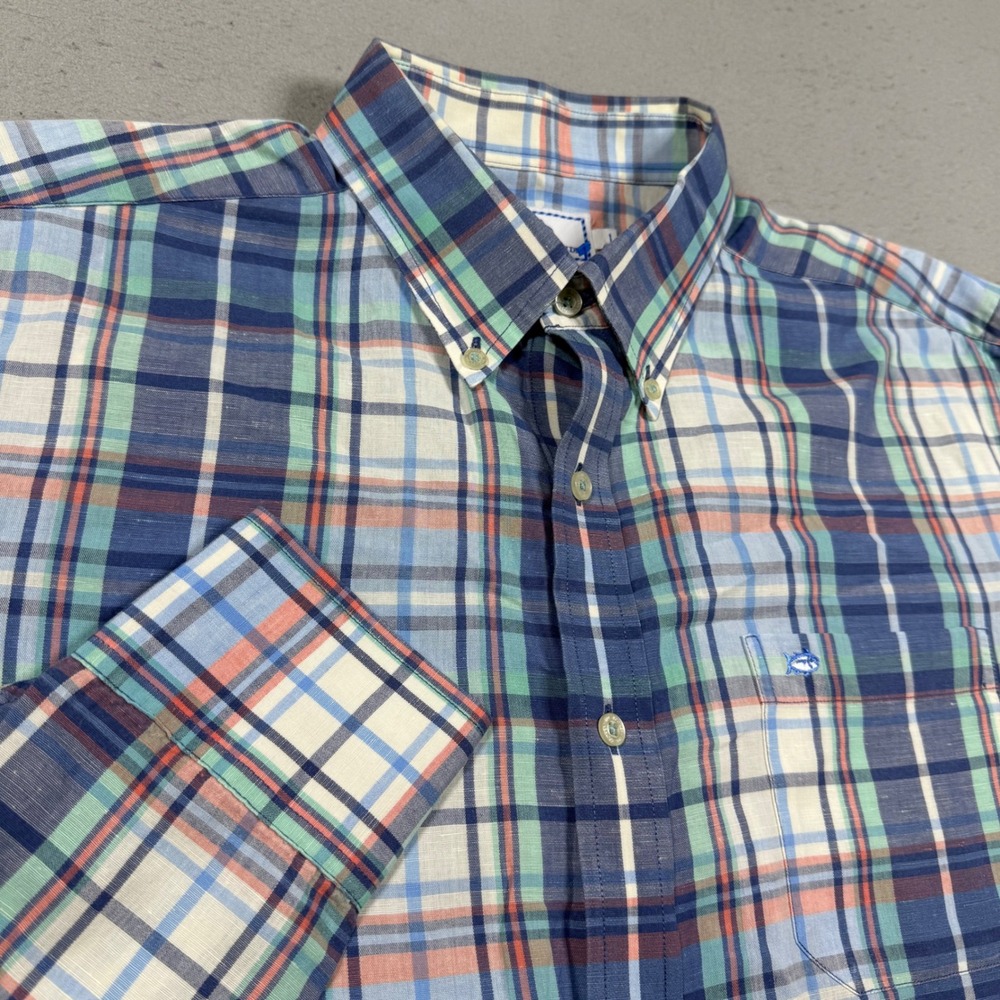 Southern Tide Mens Large Classic Fit Linen Cotton Plaid Button Down Shirt Blue